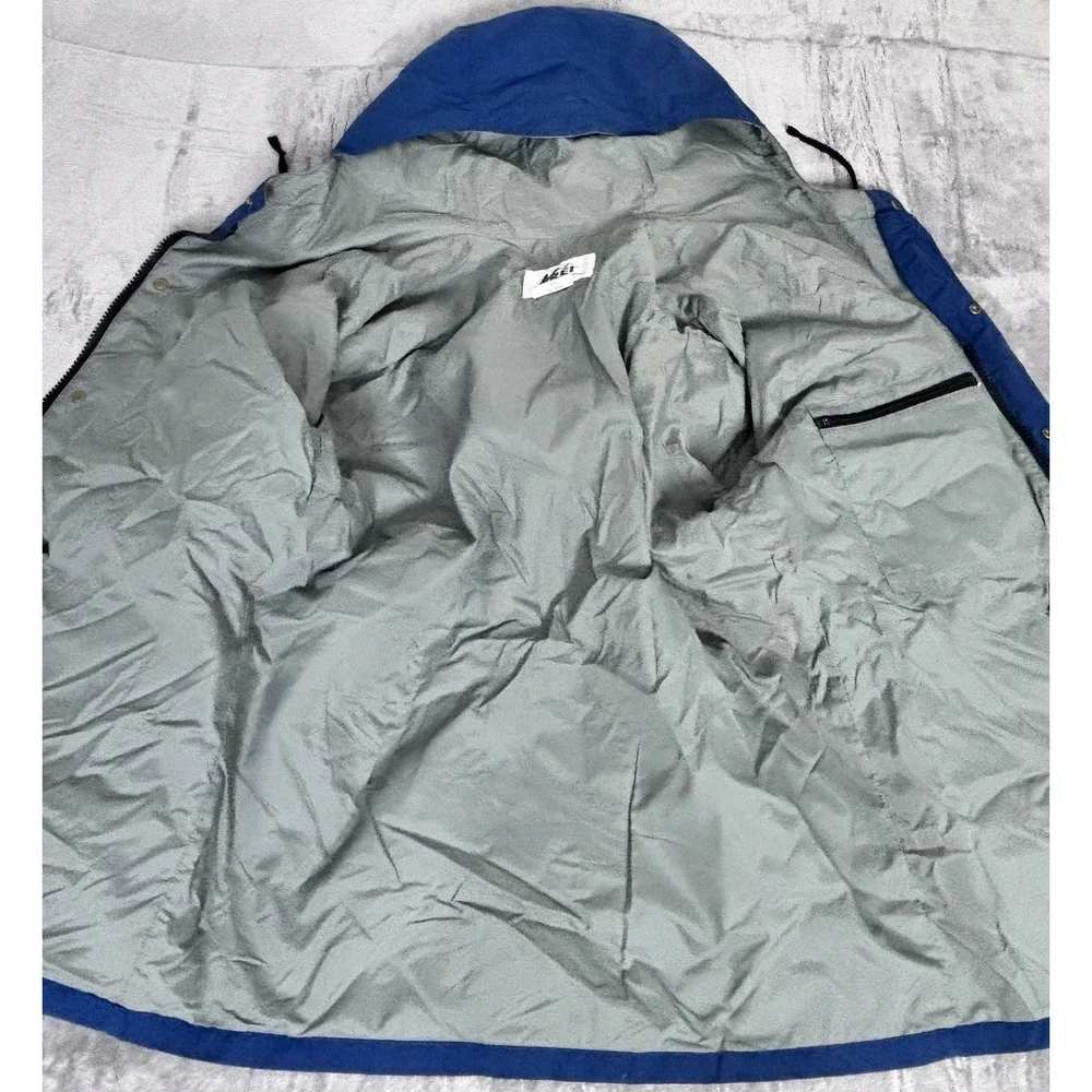 Vintage REI Mens Hooded Nylon Jacket Blue Full‎ Zip Snap Front Outdoor Coat L